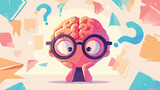 Fototapeta Londyn - Funny human brain with glasses surrounded by questi