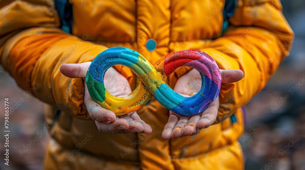 Sign of an endless rainbow in the hands of child in yellow jacket ...