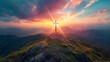 © Silver Lining Shots - Silhouettes of crucifix symbol on top mountain with bright sunbeam on the colorful sky background, Generative AI