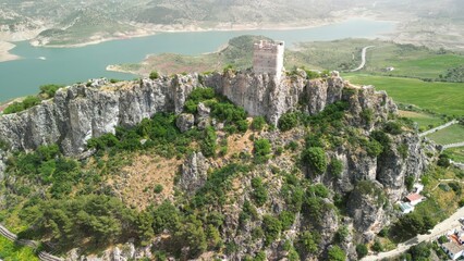 Canvas Print - Aerial view of Zahara de la Sierra, Andalusia. Southern Spain