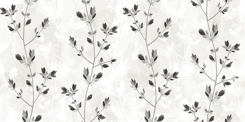 Sticker - Spring branches seamless vector pattern. Small leaves prune, watercolor delicate grey floral ornament