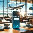 Smartphone Displaying 'Check In' with 3D Plane Above at Airport Cafe