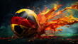 Soccer ball painted in german flag colors, black, red and yellow segments, surrounded by splash of colorful paint against atmospheric background of football field in stadium arena, fair play concept