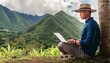 Young man freelancer traveler wearing hat anywhere working online using laptop and enjoying mountains view