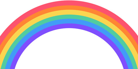 Flat wide rainbow arc shape. Half circle, bright spectrum colors. Colorful striped pattern