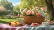 An artistic representation of a picturesque spring garden picnic, featuring a charming wicker basket adorned with flowers, set against a backdrop of lush greenery and a cozy tablecloth on the grass. A
