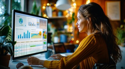 Fototapete - A woman is sitting at a desk in front of a computer monitor, looking at graphs and charts. She is focused on her work. Generative ai illustration.
