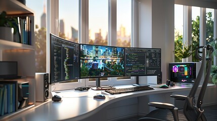 Poster - Enter the realm of digital productivity with a powerful desktop computer boasting multiple monitors, providing the perfect canvas for a dynamic and efficient digital. Generative AI.