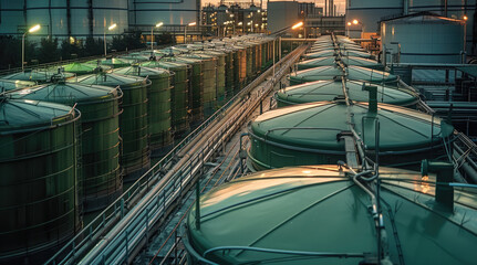Poster - The roof of a modern chemical factory is covered with clean and neat military green tarpaulins. Generative AI.