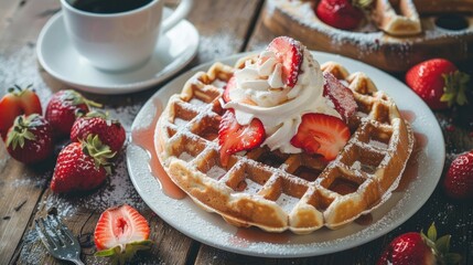 Sticker - Waffles topped with whipped cream and strawberries alongside a cup of coffee on a table