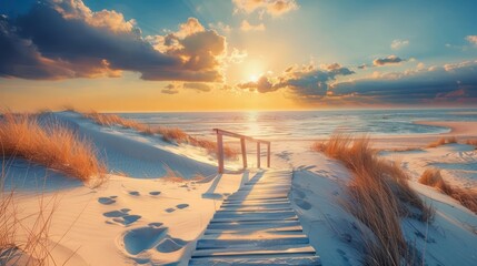 Wall Mural - Beautiful sand dune beach at sunset with wooden bridge