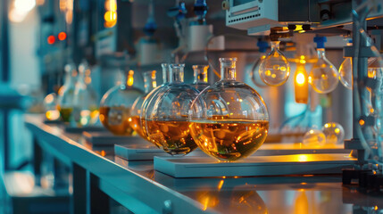 Rows of clear glass vases filled with colorful liquids lined up neatly on a shelf