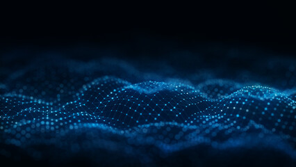 Poster - Dynamic color wave of particles and lines. Abstract futuristic background. Big data visualization. 3D rendering.