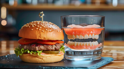 Wall Mural - Dentures in a glass alongside a juicy hamburger on table. Biting off more than you can chew concept.