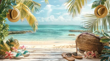 Aufkleber - Beautiful summer background with a beach bag, sunglasses and flip flops on a wooden table. A view of a tropical sandy shore with palm trees and a blue sky. Generative AI.
