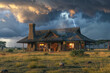 A South African craftsman house on the savannah, with thatched roofing and wide, open spaces, as a distant thunderstorm brings life to the landscape and wildlife roams freely.