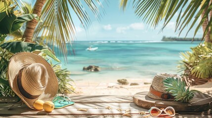 Aufkleber - Beautiful summer background with a beach bag, sunglasses and flip flops on a wooden table. A view of a tropical sandy shore with palm trees and a blue sky. Generative AI.