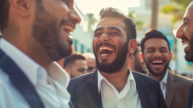 Close up view of the face of a young middle eastern Muslim man smiling kindly.