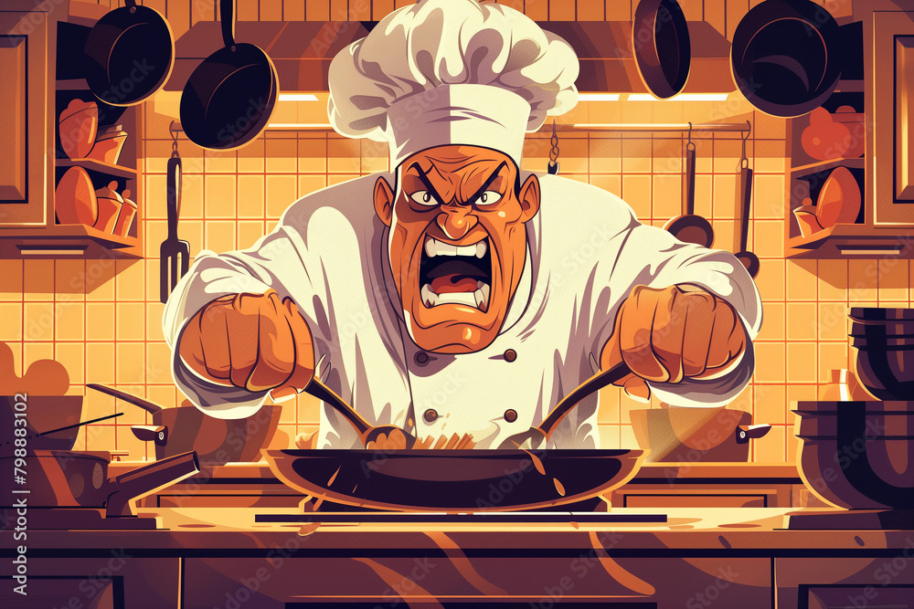 Angry Chef Cartoon with Clattering Pots and Pans in a Warm Kitchen ...