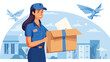 Courier holding parcel and document. Female postman