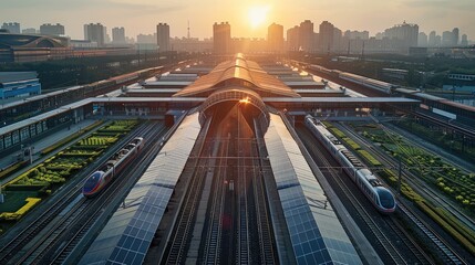 Poster - Solar PV of Railway Station. Aerial high view. Generative AI.