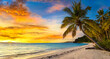 Peaceful summer background with space for text. beautiful sunset on a desert island with palm trees leaning towards the ocean. the ocean washes the sandy beach with waves. Generative AI
