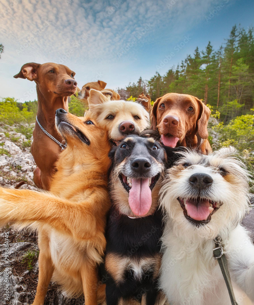 group of dogs happy gathered together taking a selfie Stock Photo ...