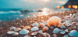 Summer background with place for text. Sandy ocean shore with beautiful shells illuminated by the sun's rays. Generative AI