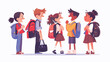 Happy children with backpacks meeting near school b