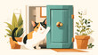 Happy cute cat going out from separate small pet fl