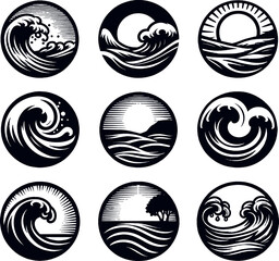 Wall Mural - set of sea wave sunset logo icon silhouette symbols clipart, sunset logo concept, collection of sunset with sea wave logos