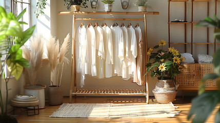Wall Mural - Wooden wardrobe with clothes on hangers in room. 