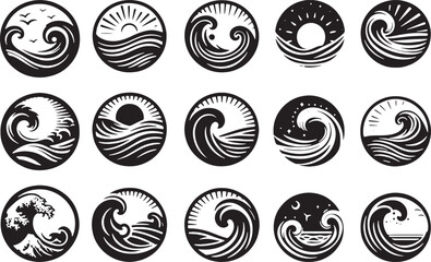 Wall Mural - set of sea wave sunset logo icon silhouette symbols clipart, sunset logo concept, collection of sunset with sea wave logos