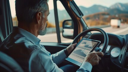 Poster - A businessman analyzing financial charts on a tablet while traveling, showcasing remote work and financial management on the go.