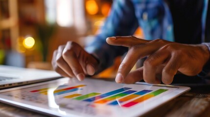 Poster - A businessman analyzing a colorful business graph on a digital tablet, pondering growth strategies.