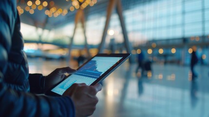 Poster - A businessman analyzing financial charts on a tablet while traveling, showcasing remote work and financial management on the go.