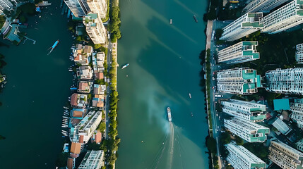 Wall Mural - drone technology captures a stunning aerial view of a city by the water, featuring a prominent buil