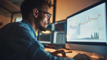 Aufkleber - A businessman analyzing gold price trends on a computer screen, highlighting the importance of market research in gold investment.