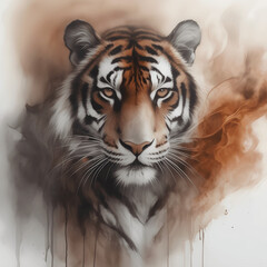 watercolor, a tiger face out of fire and smoke, wall art, mural, vivid colors