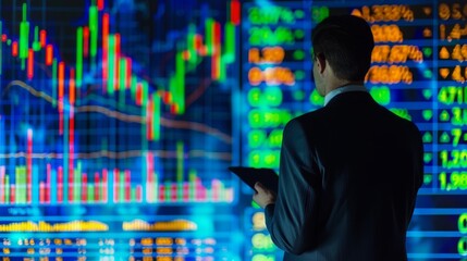 Aufkleber - A businessman discussing investment strategies based on gold price projections shown in colorful graphs.