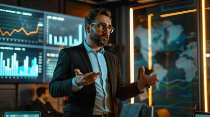 Poster - A businessman in a modern office, confidently presenting a financial graph to colleagues during a meeting.