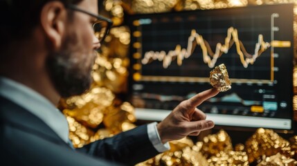 Aufkleber - A businessman pointing to a chart showing gold price performance over time during a presentation.