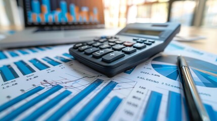 Aufkleber - A close-up of a calculator and pen on a desk surrounded by financial reports and graphs, illustrating meticulous financial calculation.