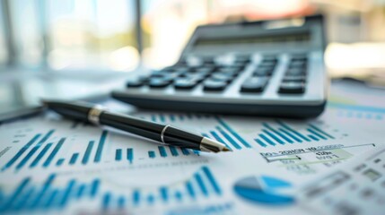 Aufkleber - A close-up of a calculator and pen on a desk surrounded by financial reports and graphs, illustrating meticulous financial calculation.