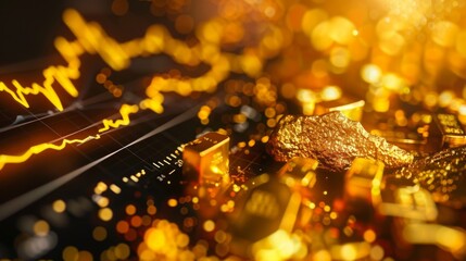 Fototapete - A close-up of a gold price chart displayed on a computer screen, showing fluctuations and trends.