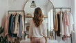 Young woman choosing clothes in front of mirror at home