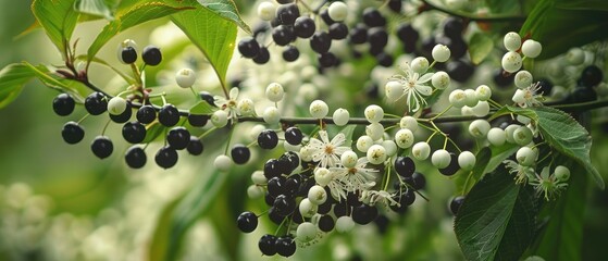 Spring flowers of bird cherry alternate with a wild cherry tree or shrub, with bitter black fruits that birds eat. A tree with white fragrant flowers collected in a brush, and black berries.