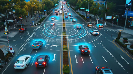 smart traffic management in the city with a mix of red, blue, and white cars driving on a road mark