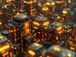 A cityscape with buildings lit up in orange. The buildings are tall and have a futuristic look to them. The city appears to be in a sci-fi or cyberpunk setting