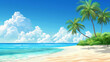Beach background with sun umbrella, deck chair and beach bag on sand at the sea or ocean shore
